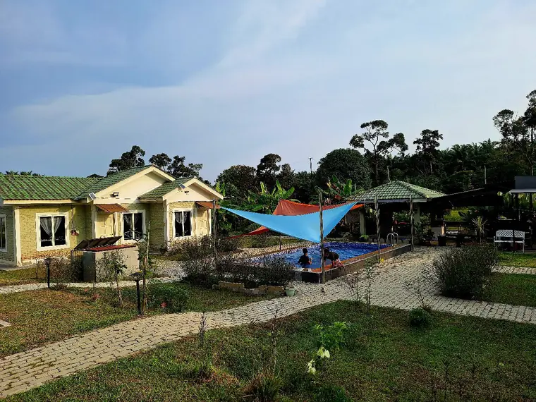 Padang rumput luas di hadapan chalet dan kolam